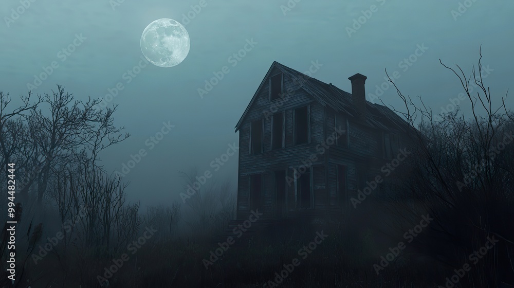 Abandoned house with boarded windows, surrounded by dead trees and a dense, misty atmosphere under a pale moon. Abandoned house with boarded windows, surrounded by dead trees and a dense, misty atmosphere under a pale moon.