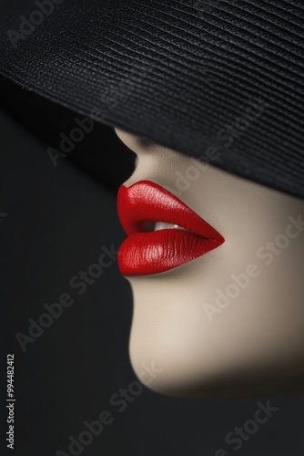 Elegant close-up of a mannequin showcasing bold red lips and a stylish black ...