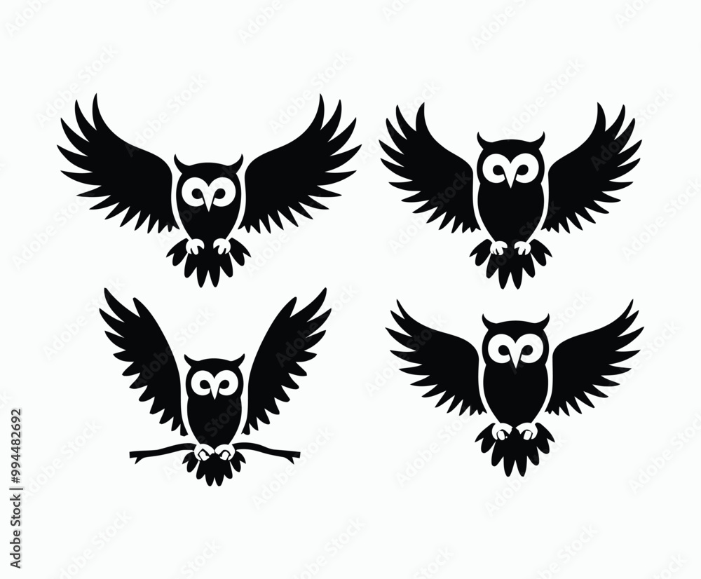 Naklejka premium Owl bird silhouette editable EPS vector isolated illustration template on a white background