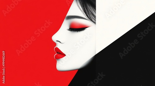 Elegant makeup artistry showcased against a striking red and black backdrop