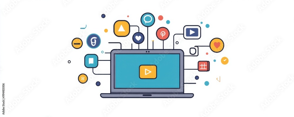 Laptop displaying various social media icons connected by lines representing digital connectivity and online communication Laptop displaying various social media icons connected by lines representing digital connectivity and online communication