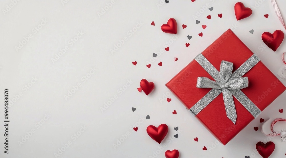 Decorative red gift box surrounded by heart-shaped decorations for a celebration Decorative red gift box surrounded by heart-shaped decorations for a celebration