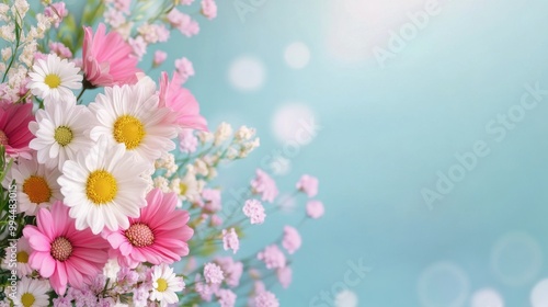 A colorful arrangement of pink and white flowers on a blue background for spr...