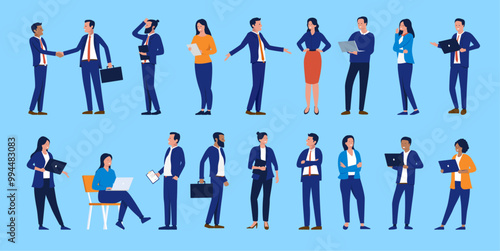 Businesspeople vector set - Collection of corporate business people characters in professional white collar clothing using computers and working. Flat design illustrations