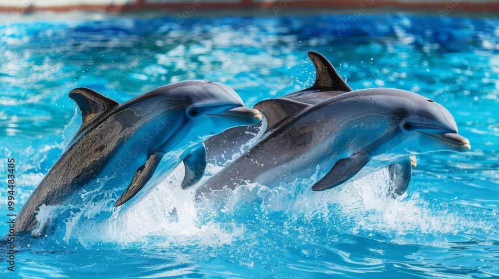 Obraz premium Two dolphins joyfully leap out of clear blue water, showcasing their grace and playful nature in an aquatic environment.
