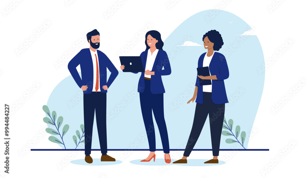 Team of businesspeople - Group of three professional people in business standing using computers smiling and talking. Flat design vector illustration with white background Team of businesspeople - Group of three professional people in business standing using computers smiling and talking. Flat design vector illustration with white background