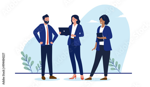 Team of businesspeople - Group of three professional people in business standing using computers smiling and talking. Flat design vector illustration with white background