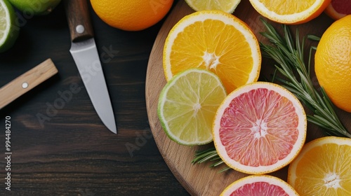 Freshly cut citrus fruits arranged on a wooden platter with a knife nearby