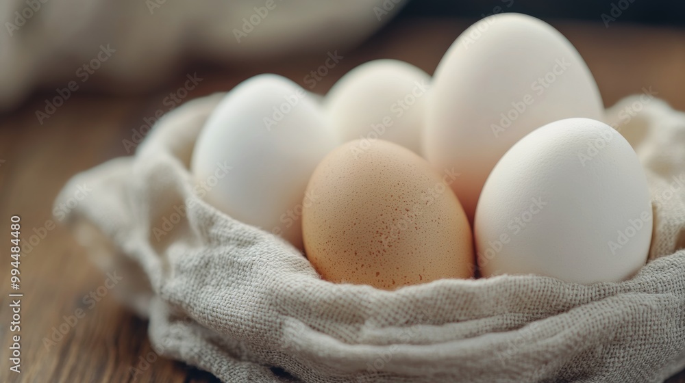 Fresh organic eggs nestled in a natural basket on a wooden surface during daylight hours Fresh organic eggs nestled in a natural basket on a wooden surface during daylight hours