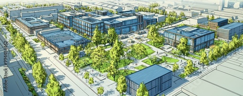 Blueprint of an urban regeneration project transforming an old industrial zone into a vibrant arts district with studios, galleries, and green spaces