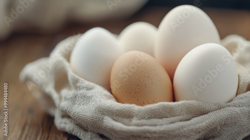 Fresh organic eggs nestled in a natural basket on a wooden surface during day...