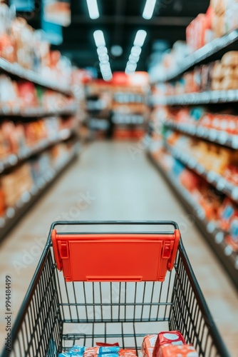 Shopping cart in a grocery store aisle filled with colorful product packages ...