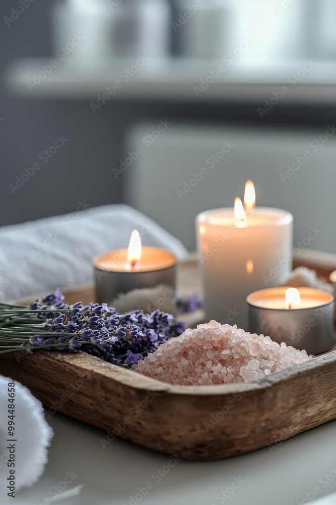 Relaxing spa setting with lavender, candles, and bath salts arranged on a wooden tray Relaxing spa setting with lavender, candles, and bath salts arranged on a wooden tray