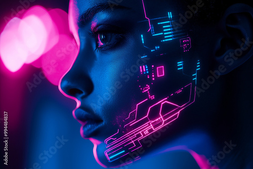 Minimalistic female portrait of a cybernetic face with glowing contours, half human, half machine, dark background with soft neon blue and pink lighting