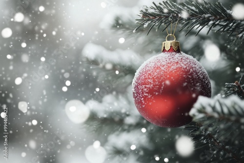 Snow-covered Christmas tree ornament glistens in winter wonderland during fes...