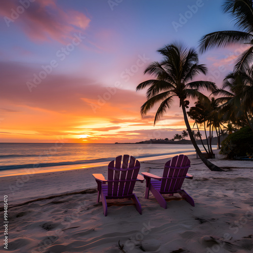 Serene Late Afternoon at a Tropical Beach: Palm Trees, Calm Ocean, and a Spectacular Sunset