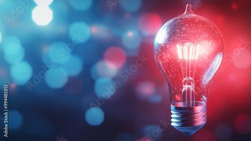A glowing light bulb illuminates a colorful backdrop at an intimate evening g...