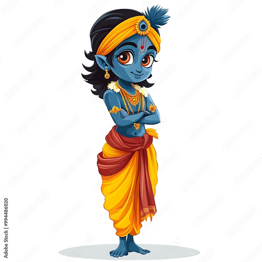 Fototapeta premium Cute Cartoon Illustration of Krishna, Hindu God