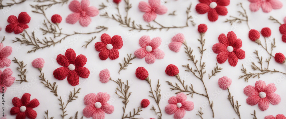 Cute red and pink floral embroidery pattern on white fabric Cute red and pink floral embroidery pattern on white fabric