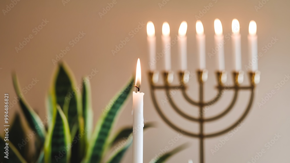 Naklejka premium A single lit candle in the foreground with a menorah with 6 lit candles in the background.