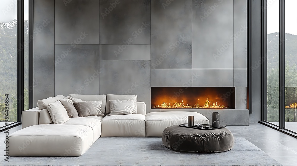 Fototapeta premium White corner sofa near fireplace. Scandinavian home interior design of modern living room.