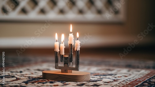 Five lit candles in a silver candelabra on a wooden base, sitting on an ornate patterned carpet. photo