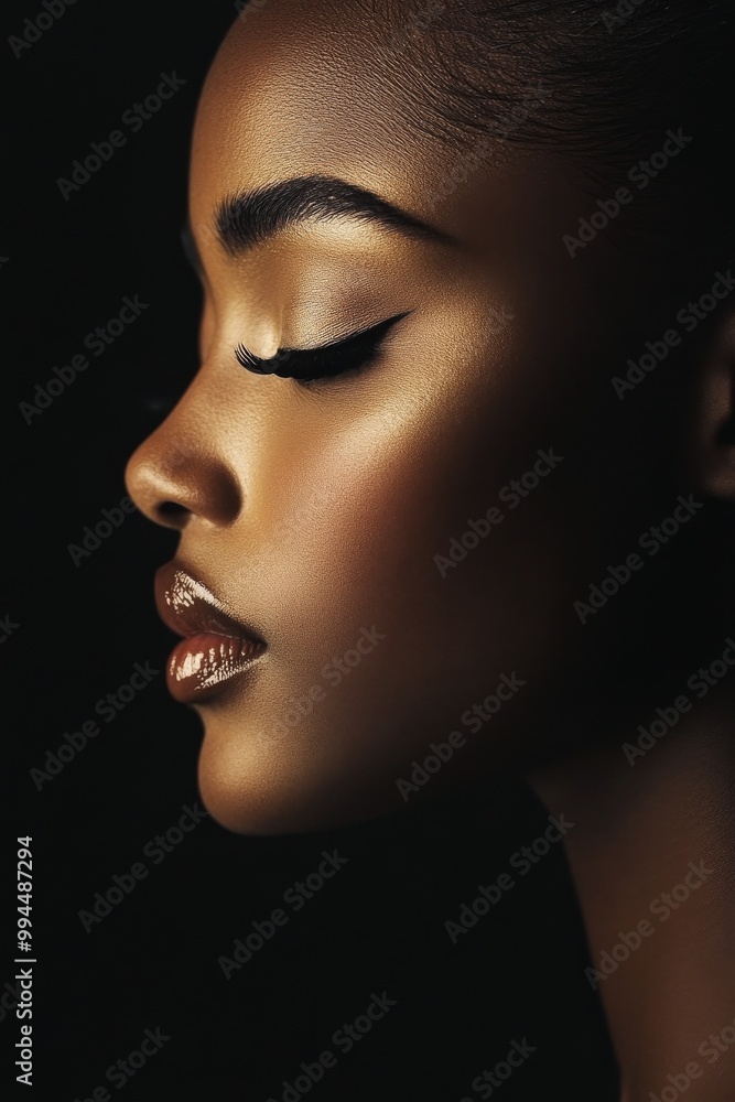 Elegant profile of a woman showcasing natural beauty and artistry in soft lighting Elegant profile of a woman showcasing natural beauty and artistry in soft lighting