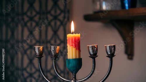 A single lit candle on a silver candelabrum with a patterned background. photo