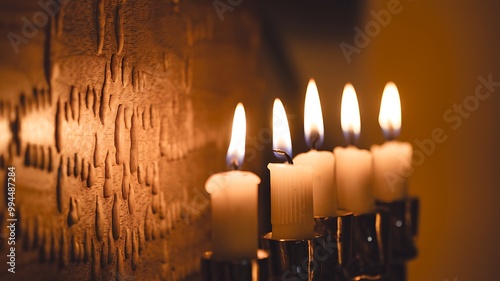 Close-up of lit candles on a menorah with a blurred background of a stone wall. photo