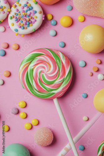 Colorful lollipops and candies arranged on a pink background for a vibrant de...