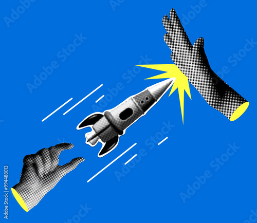 Startup Failed. Rocket ship crash. Modern collage with halftone hands and rocket. Business failure concept. Cut out newspaper elements