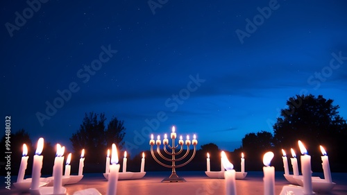 A menorah with lit candles stands in front of a dark blue sky with stars, surrounded by other lit candles. photo