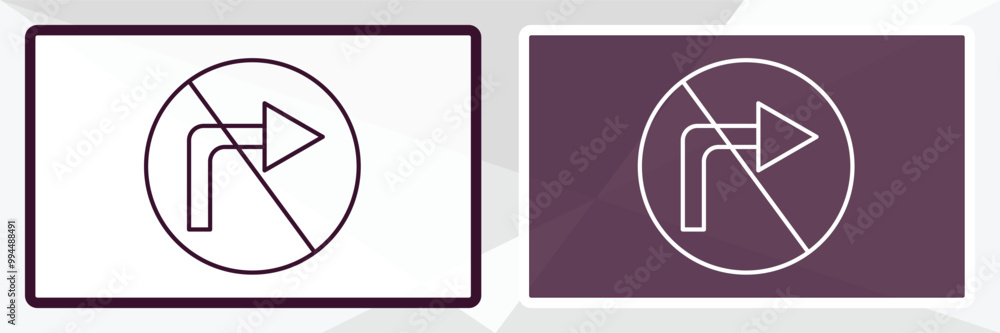 no turn right outline icon. Linear vector from traffic signs concept. Thin line white and black no turn right icon isolated on white and dark background no turn right outline icon. Linear vector from traffic signs concept. Thin line white and black no turn right icon isolated on white and dark background