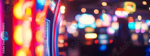 A blurred background of casino slot machines with colorful lights and neon signs, representing the excitement of gaming in a casino environment