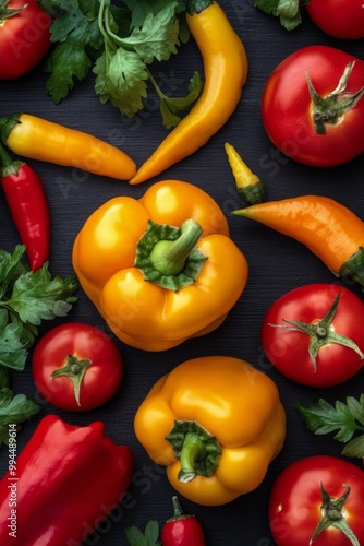 Colorful assortment of peppers, tomatoes, and cilantro on a dark surface in a vibrant display