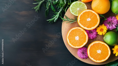 Freshly cut citrus fruits arranged on a wooden platter with a knife nearby