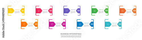 Vector template arrow infographics with 9 steps. Business premium creative concept with options, labels, parts. Nine steps for content, flowchart, timeline, levels, presentation.