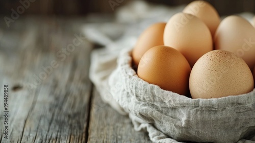 Fresh organic eggs nestled in a natural basket on a wooden surface during day...