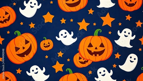 Halloween seamless pattern featuring smiling pumpkins, cute ghosts, and orange stars on a navy blue background, halloween celebration, Pumpkins, illustration, banner created with generative ai