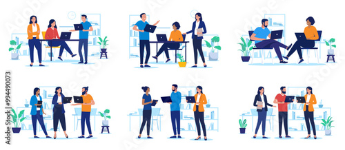 People working in office vector collection - Set of illustrations with businesspeople at work, using computers, talking and doing various work. Flat design with white background