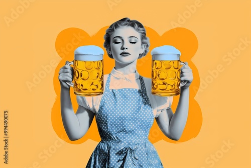 Woman holding beer on orange background. Retro collage design. Oktoberfest festival celebration. Bar and pub culture concept. Brewing industry photo