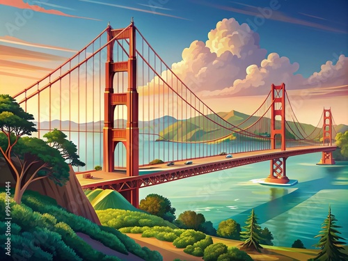 Stunning Golden Gate Bridge Vector Illustration for Use in Travel, Architecture, and Design Projects