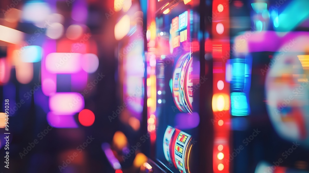A blurred background of casino slot machines with colorful lights and neon signs, representing the excitement of gaming in a casino environment A blurred background of casino slot machines with colorful lights and neon signs, representing the excitement of gaming in a casino environment