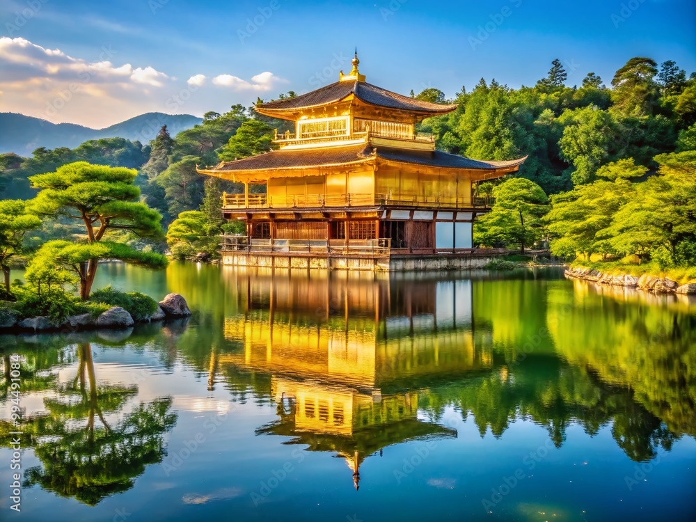 Naklejka premium Stunning Golden Temple Reflections in Serene Water Surrounded by Lush Greenery and Clear Sky