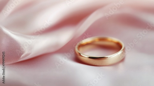 Elegant gold wedding band resting on soft pink satin fabric in a well-lit set...