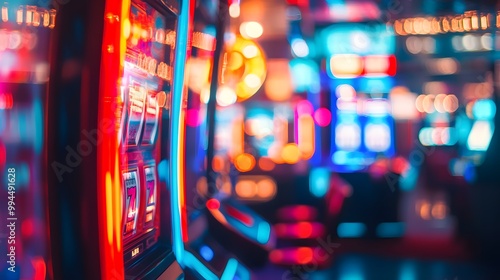 A blurred background of casino slot machines with colorful lights and neon signs, representing the excitement of gaming in a casino environment