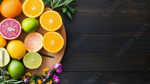 Freshly cut citrus fruits arranged on a wooden platter with a knife nearby