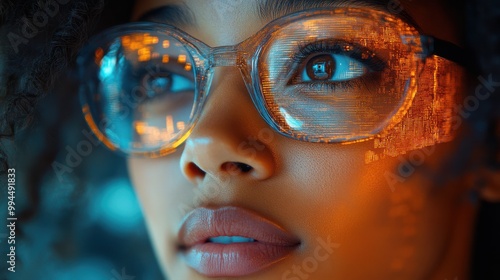 Close-up of woman wearing glasses reflecting holographic data patterns in a high-tech futuristic setting. Orange and blue lighting accentuates advanced technology and data-driven focus.