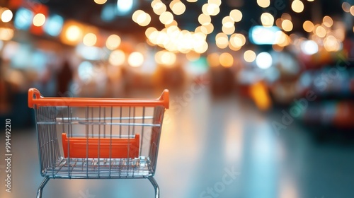 Shopping cart in a grocery store aisle with blurred shelves and vibrant light...