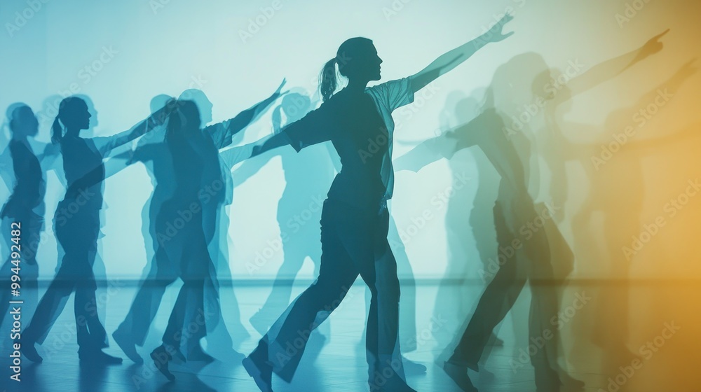 Silhouettes of Dancers in a Blue and Yellow Lit Studio Silhouettes of Dancers in a Blue and Yellow Lit Studio